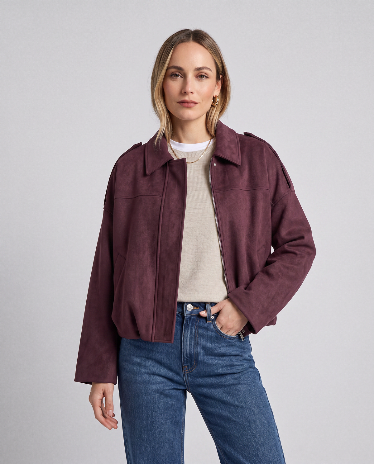 Chaqueta Oversize con Manga Murciélago Efecto Gamuza
